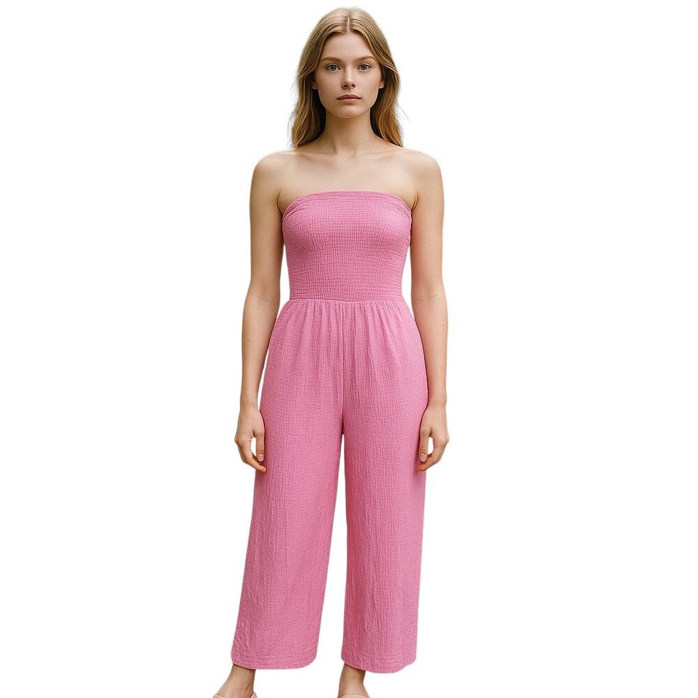 Love Tree Jumpsuit Y2K Women's Size M Strapless Smocked Cropped Wide Leg Pockets